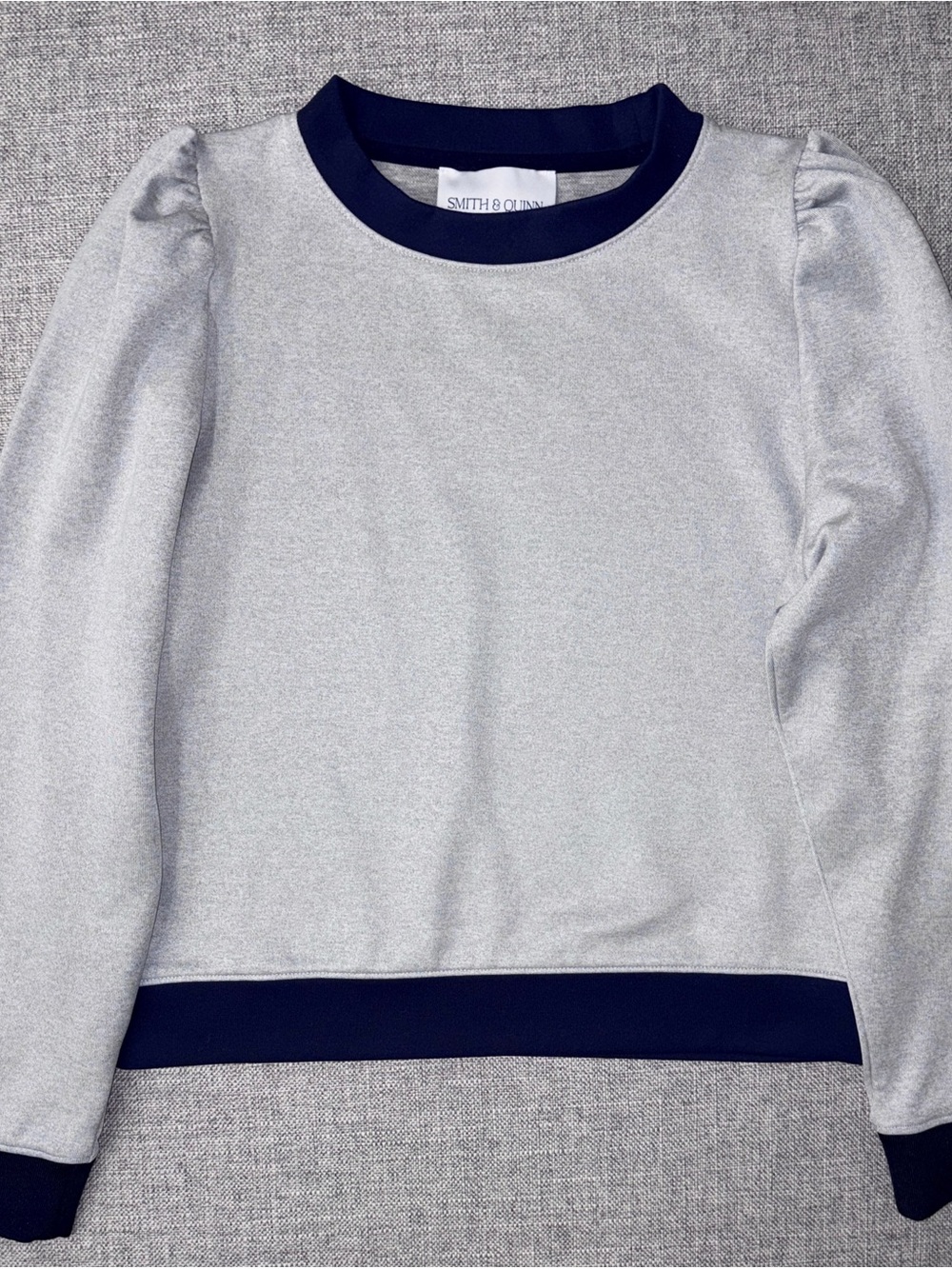 Smith & Quinn Silver Puff-Sleeve Sweatshirt with Navy Trim